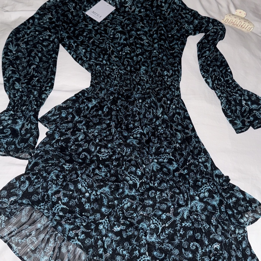 Misa Los Angeles Black and Blue Tiered Bishop Sleeve Dress